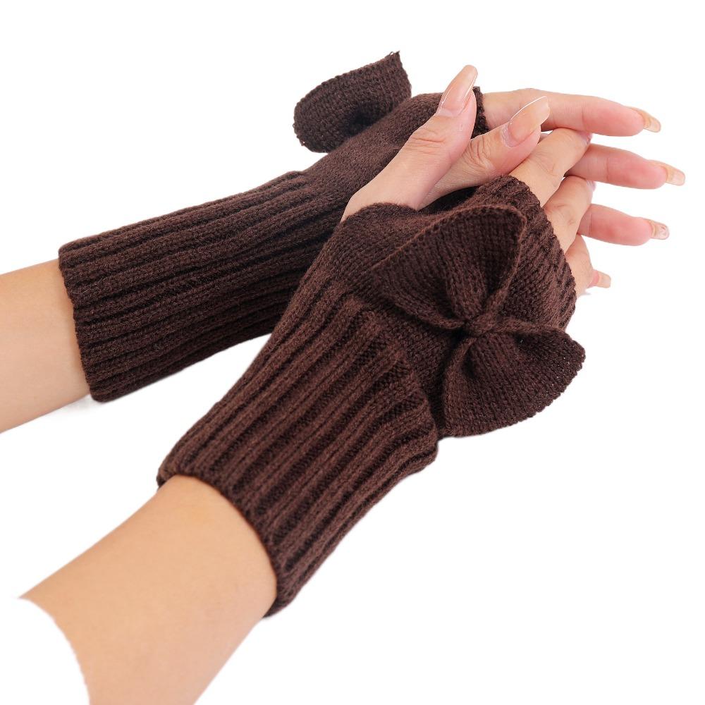 Thick Warm Bowknot Knitted Gloves Soft Half Finger Gloves Cute Arm Warmers  Women Girls