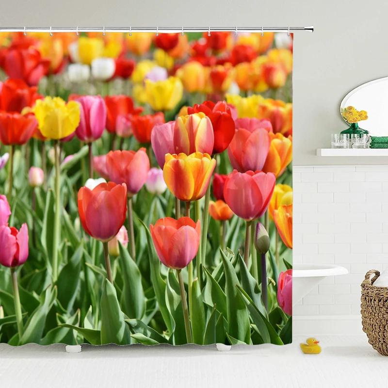 Tulip Rose Fresh Flowers Shower Curtains Waterproof Polyester Fabric 3D Printed Bathroom Screen Home Decoration Shower Curtain