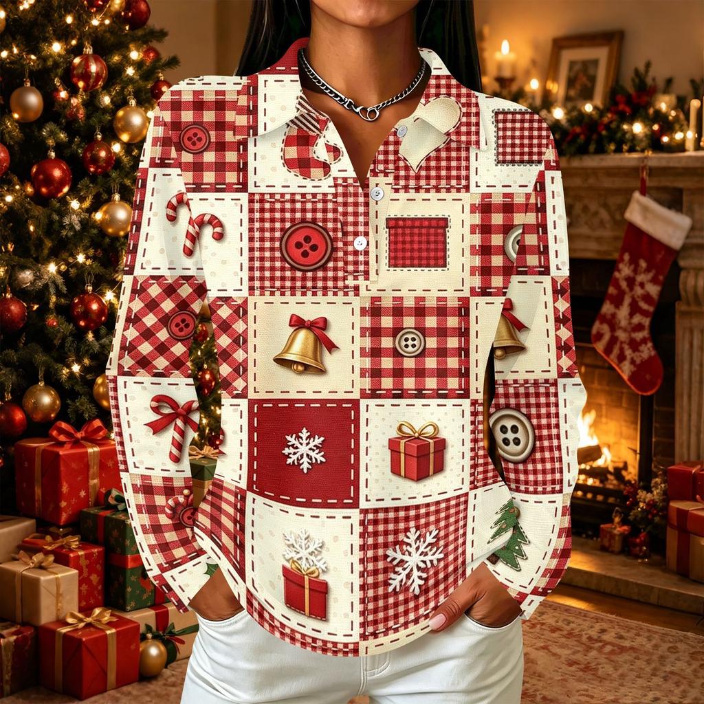 Women's Casual Christmas Print Button Down Long Sleeve Shirt with Collar and Side Slits