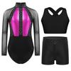 Mädchen Gymnastik Tanz Outfit Netz Langarm Strassstein Unitard Kreuzrücken Weste Bund Shorts