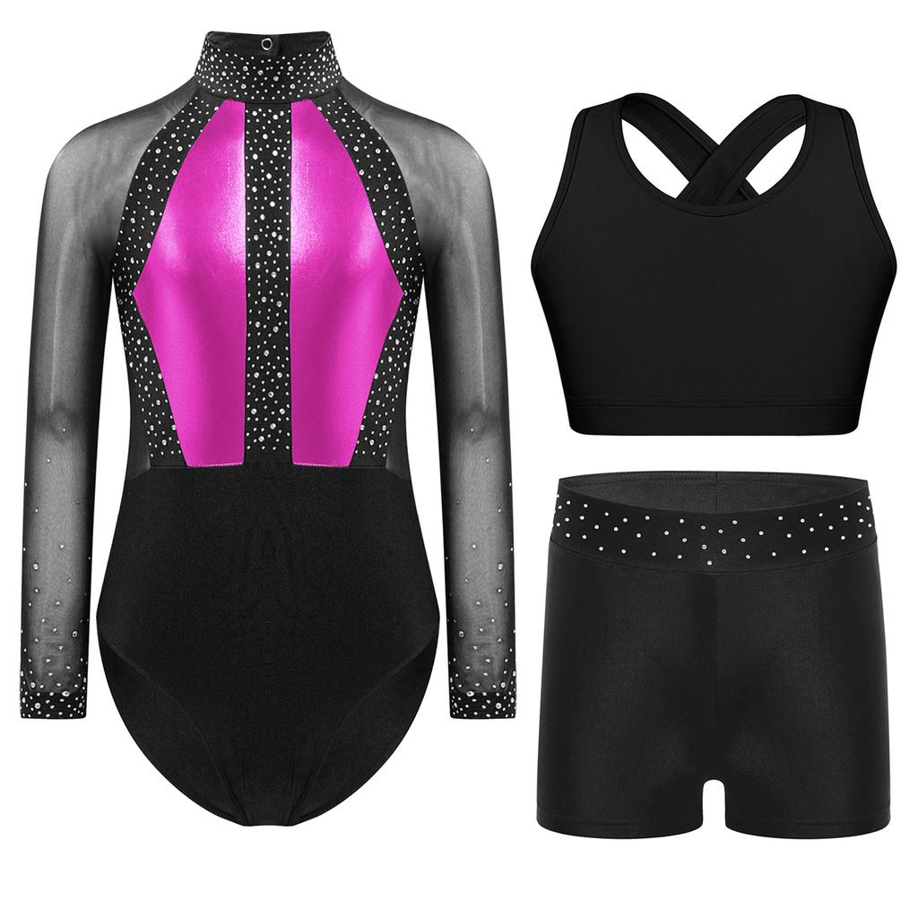 Mädchen Gymnastik Tanz Outfit Netz Langarm Strassstein Unitard Kreuzrücken Weste Bund Shorts