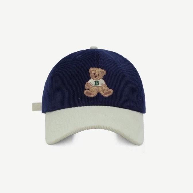 Cute Autumn and Winter Corduroy Bear Embroidered Baseball Cap for Women  Color Blocked Retro Baseball Cap for Men  Big Head Circumference for Slimming