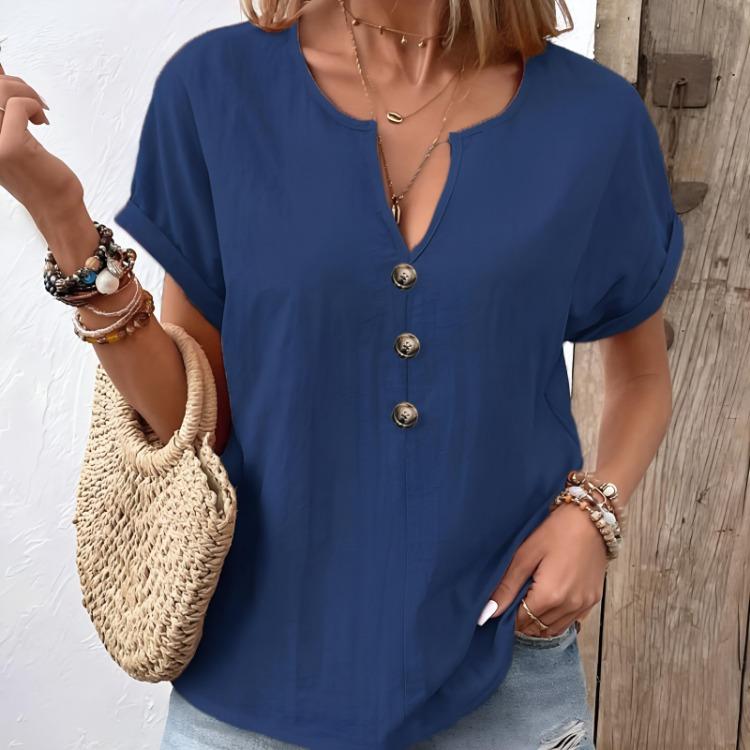 Short Sleeve Summer Women Shirt Casual V Neck Button Down Solid Color Top