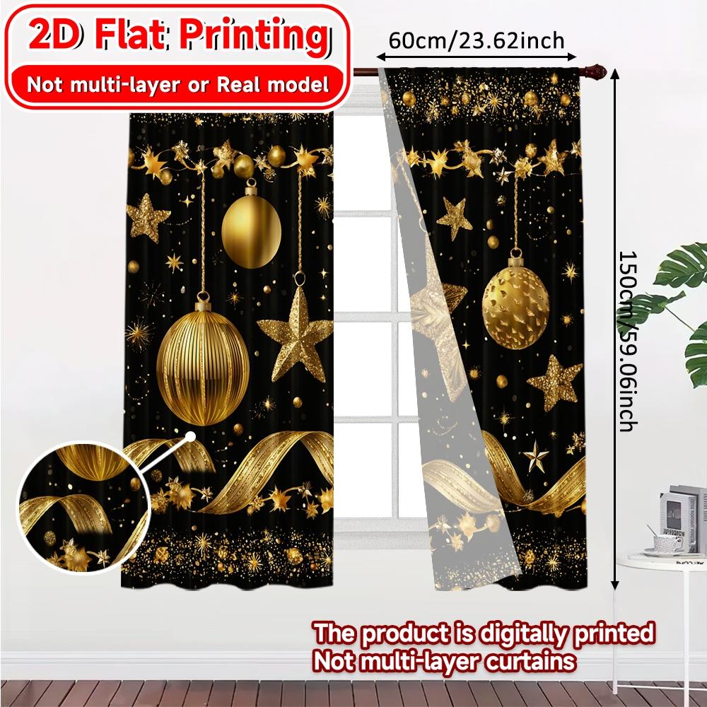 Set Of 2 Flat Printing Golden New Year Chic Curtain Cloth Durable Polyester Curtains Festive Living Room Bedroom Kitchen Ideal For Sitting