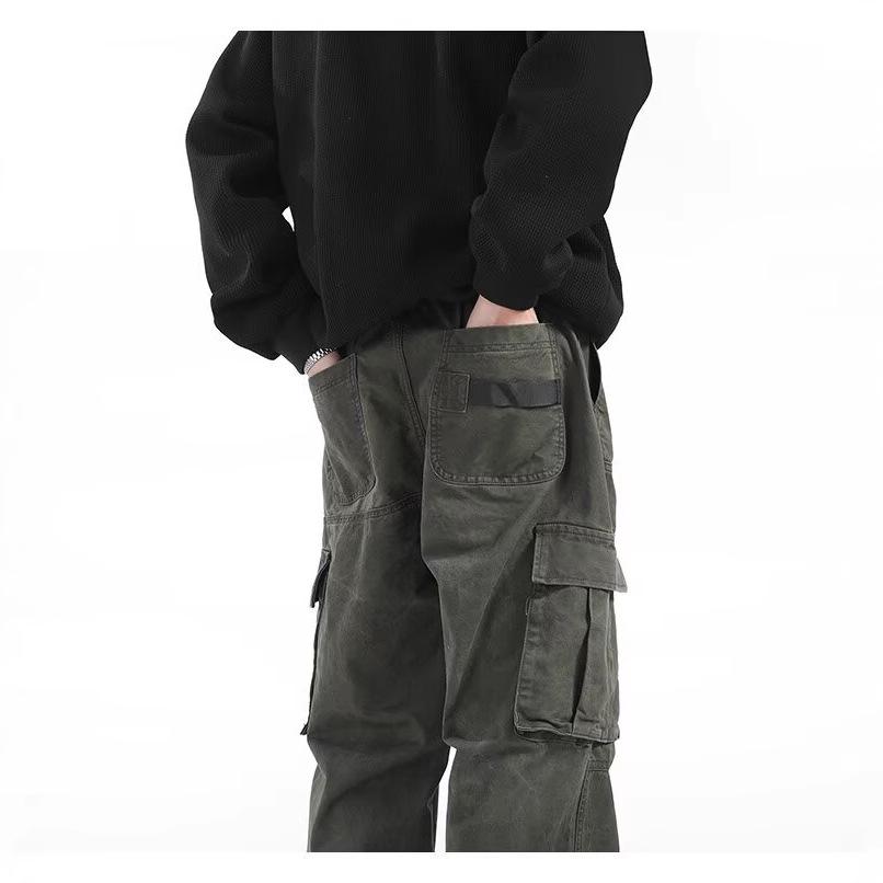 Men's Retro Punk Cargo Pants - Spring/Autumn 2025, Multi-Pocket, Heavyweight, Loose Fit, Straight Leg, Casual.