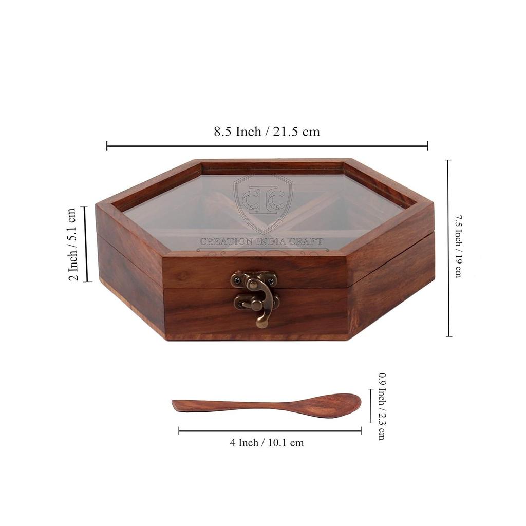 Wooden Spice Box With Spoon Container For Kitchen Masala