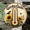 2D Plat, 1 Stuk Rond Aluminium Hangend Bord, Vintage Decoratief Bord met Zonnebloemen en Vogels Patroon, Tuin Oase Thermometer Plat Print Ontwerp