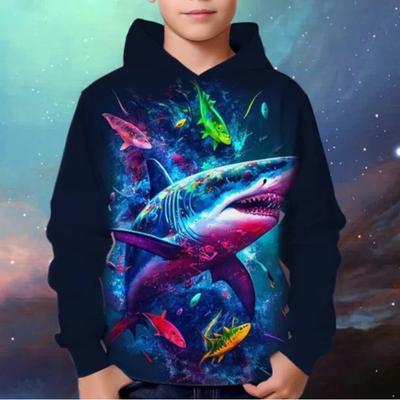 2024 Verão 4-14 anos Crianças Crianças Bonitos Meninos e Meninas Leves 3D Colorido Tubarão Gráfico Estampa Poliéster Moletons Tops