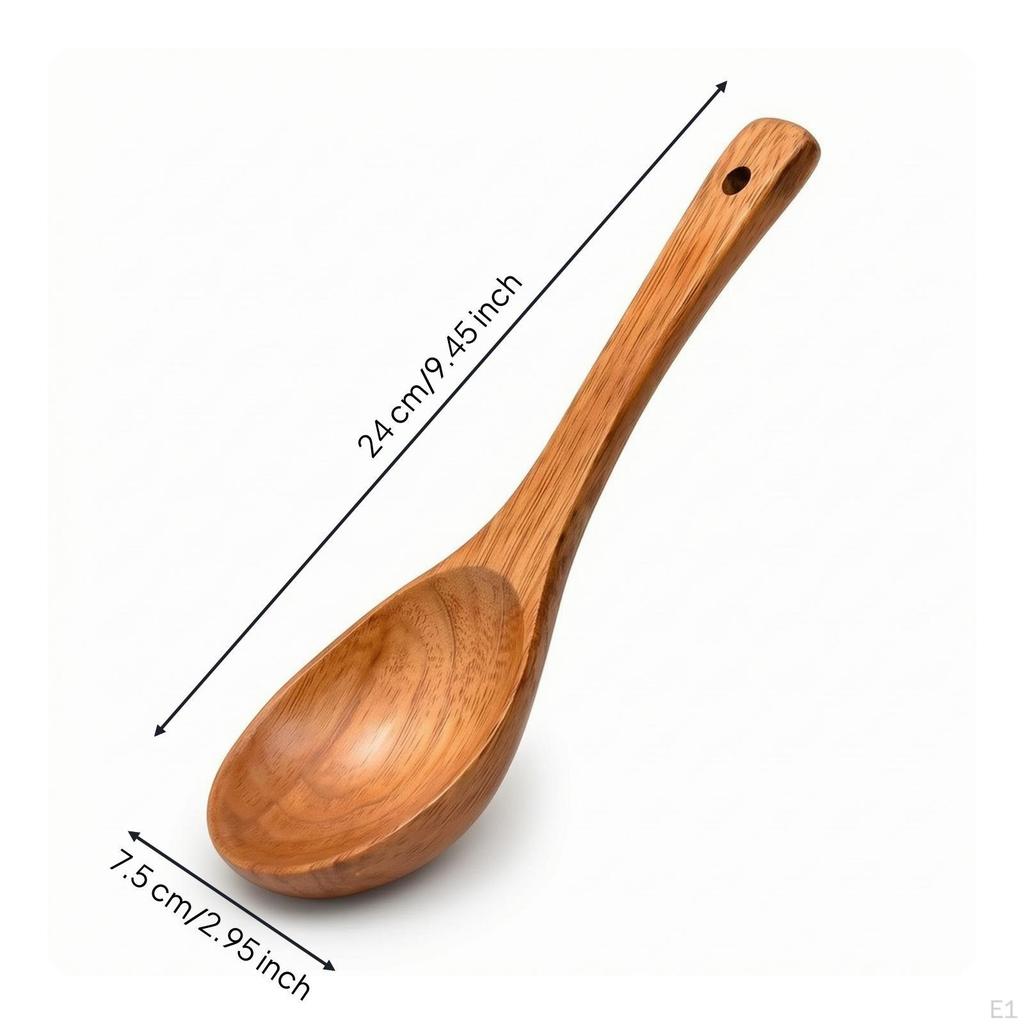 Wooden Soup Spoon with Hanging Hole Wood LongHandled Deep Bowl Kitchen Utensil for Ramen,
