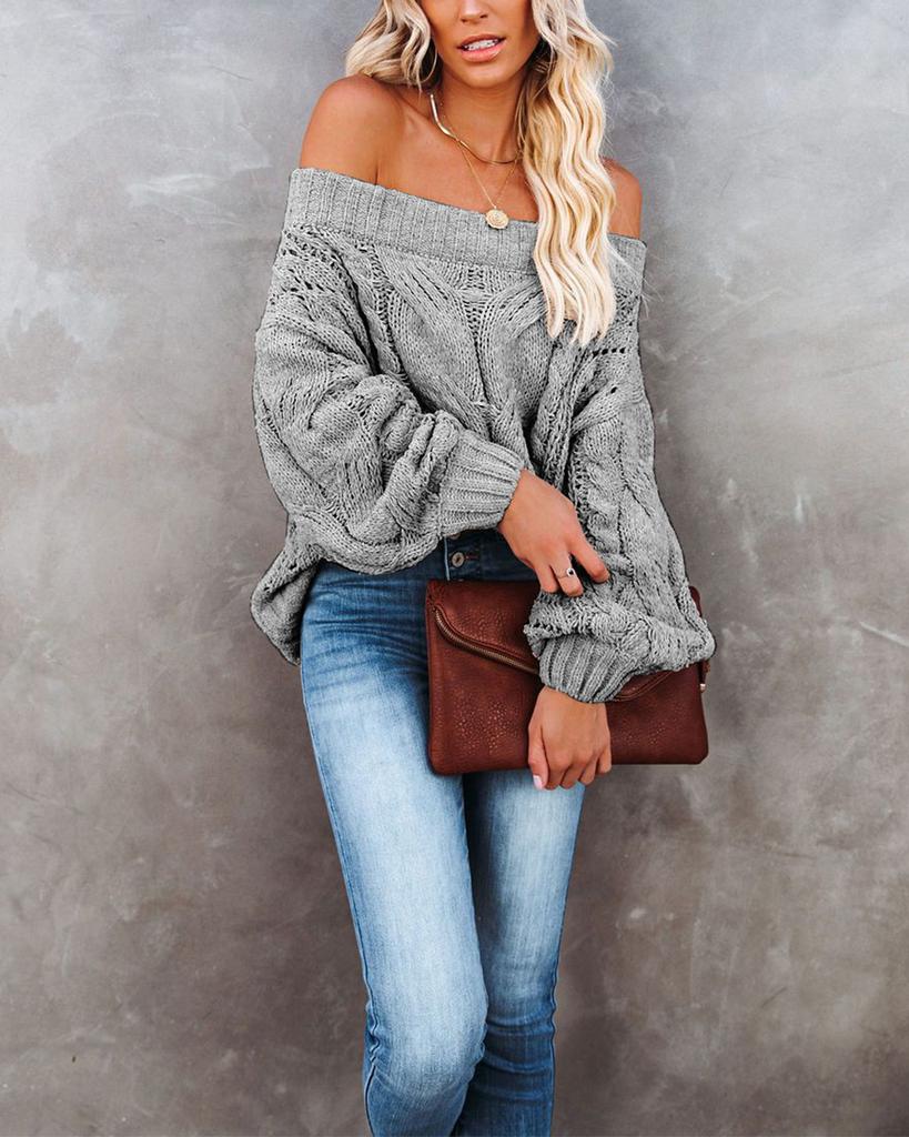 Autumn and winter new Temu hot-selling word shoulder loose knitted sweater solid color pullover sweater women