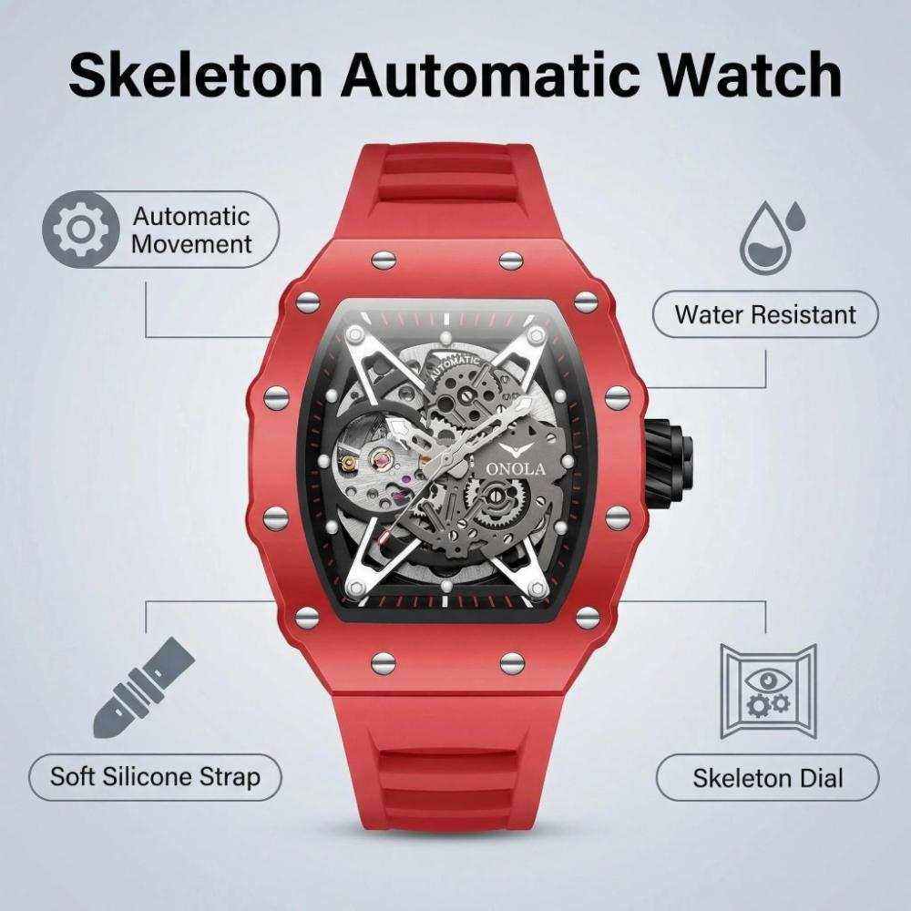 ONOLA Top-Marke Buntes Gehäuse Automatische Uhr Lustiger Grüner Sport-Silikonarmband Leuchtend Wasserdicht Mechanische Uhr für Herren