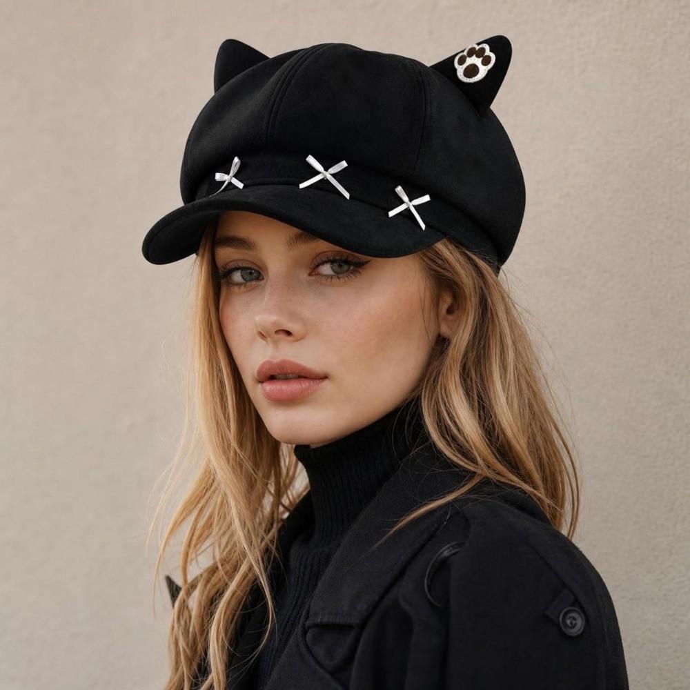 Cat Ear Winter Hat Warm Octagonal Hat Cute Beret Cap Women