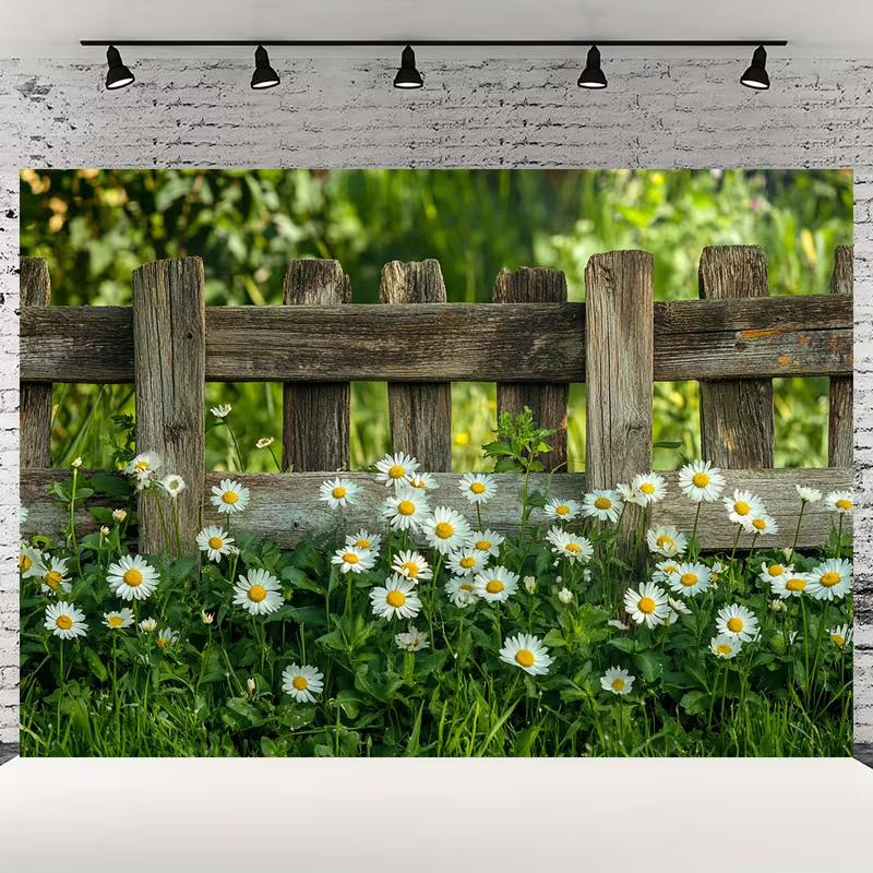 Rustic Garden Fence and Daisy Backdrop 150x100cm Spring Floral Scene Photography Background Banner