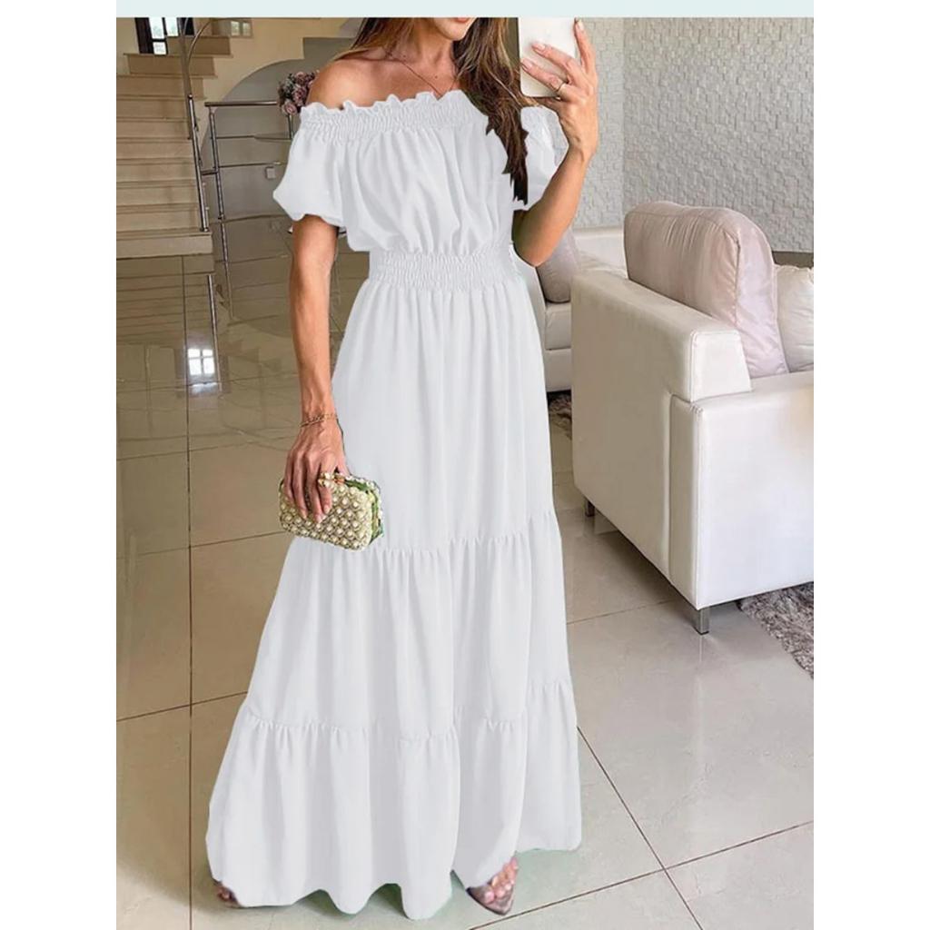 LYRIA Solid Boho Dress Women Fashion Elegant Beach Party Dress Casual Slash Neck Office Maxi Dresses For Woman Robe Femme