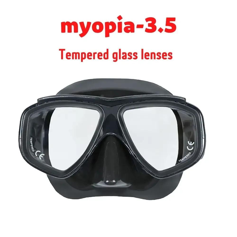Masca de scufundări cu dioptrii pentru adulți Miopie cu sticlă securizată Spray antiaburire, Fustă din silicon, Negru transparent