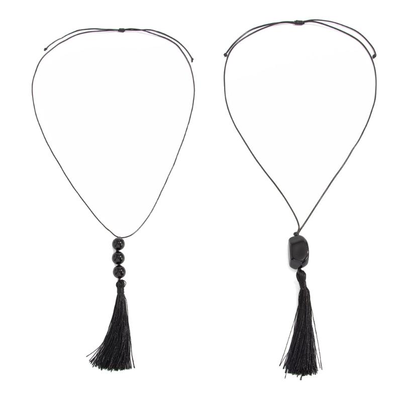 Stylish Retro Long Beaded Necklace Featuring Black Resin Pendant And Delicate Fringe Designs For Daily Wear