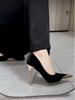 Light Luxury Black Suede High Heels Women's Thin Heels 2025 New Autumn and Winter Banquet Temperament Imperial Sister Shallow Mouth Pointed Single Sho