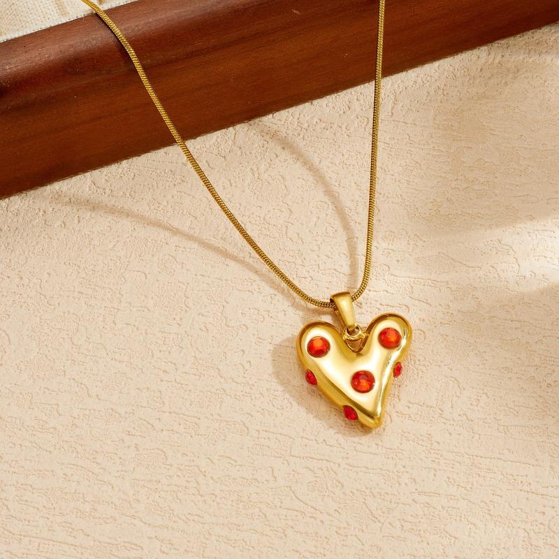 Gold Snake Bone Chain Necklace with Red Crystal Heart Pendant for Women
