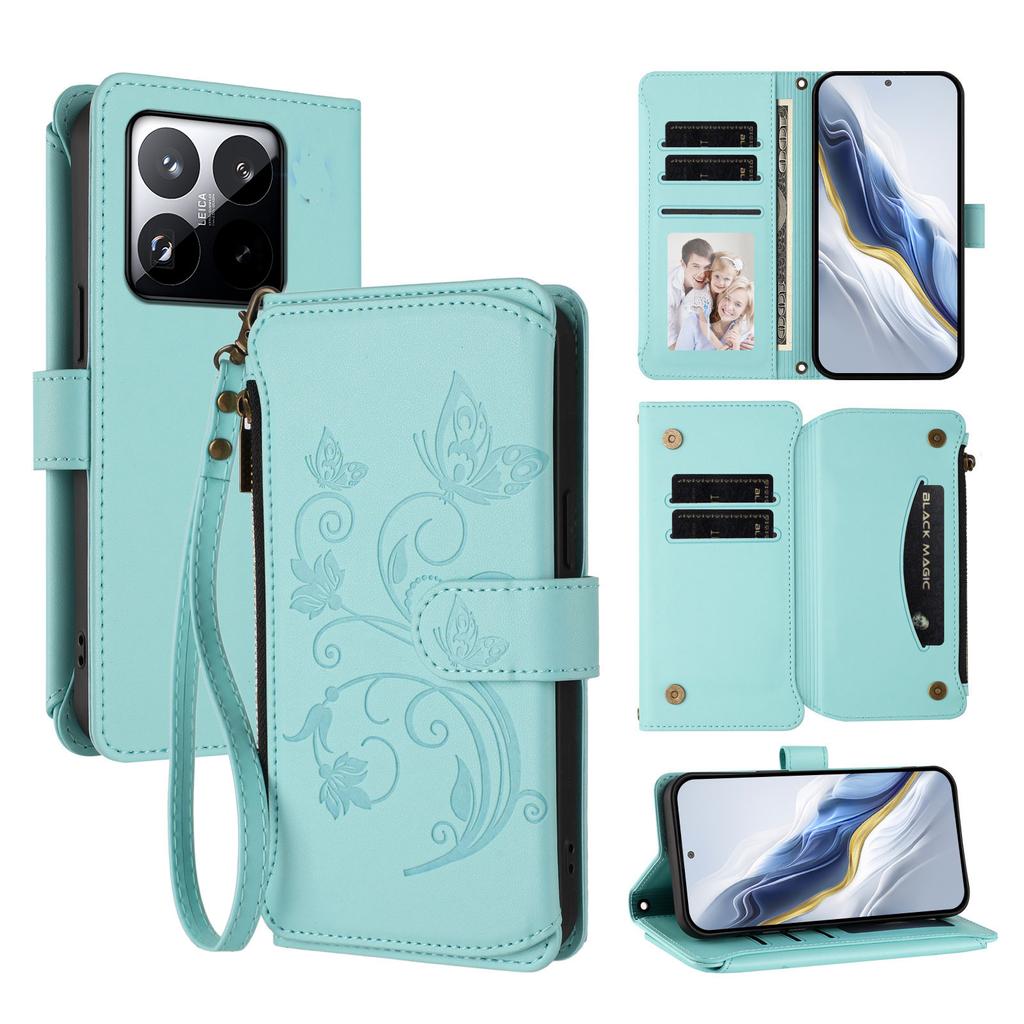 For Xiaomi 15T Leather Case Butterfly Floral Imprint Zipper Wallet Stand Cover with Wrist Strap