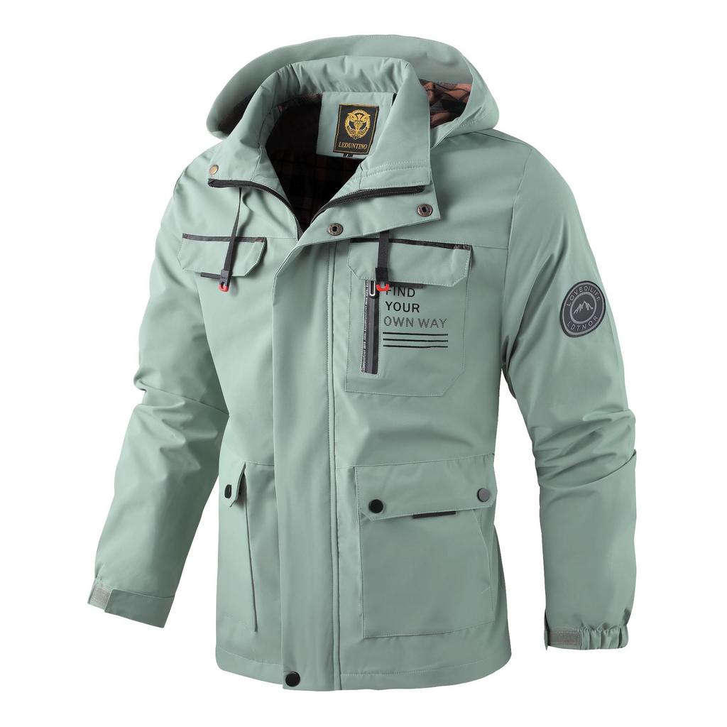 Men's Hooded Winter Jacket with Multiple Pockets, Red-Black Plaid Lining, and Adjustable Cuffs - Beige, Black, Army Green