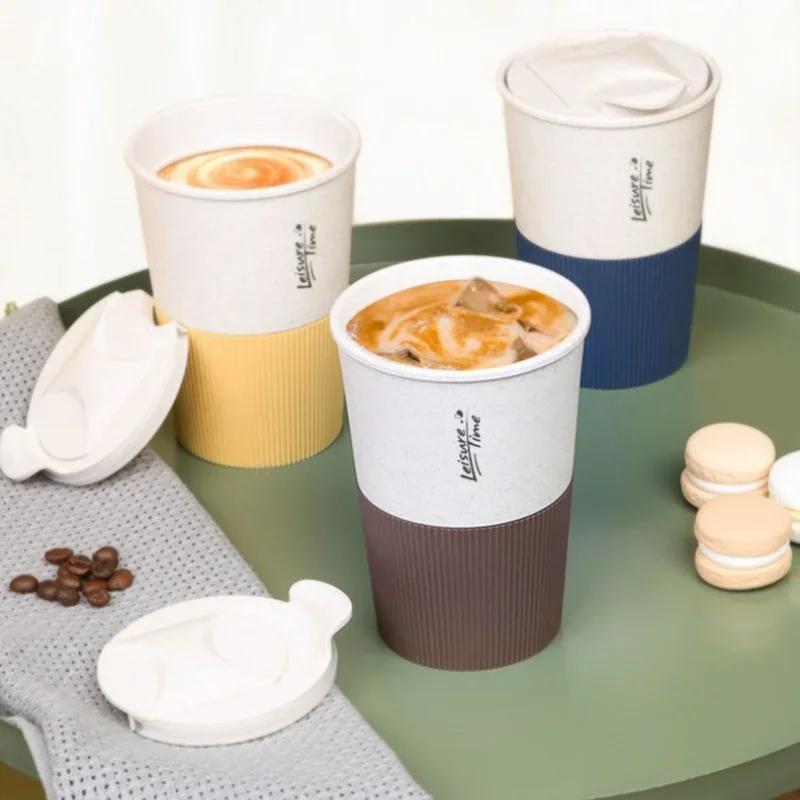 1PCS Portable Coffee Cup Double Wall Mug Wheat Straw Material Plastic Travel Water Cup with Lid for Women Men Drinking Cup Gift