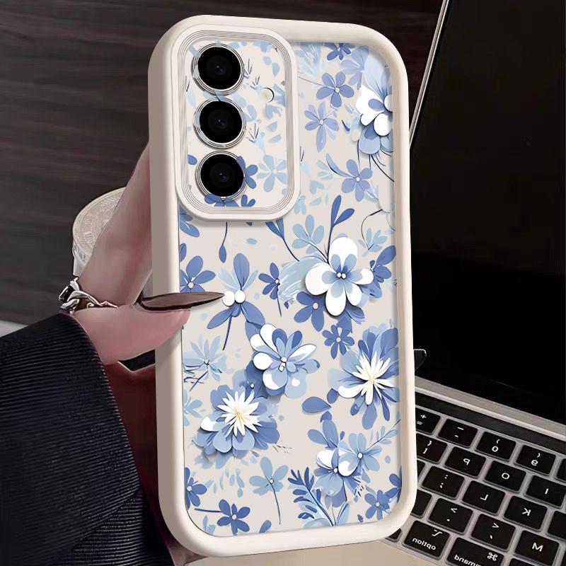 Blue and White Flowers Case For Samsung Galaxy A57 A37 A17 A56 A36 A26 A16 5G A55 A35 A15 A54 S21 FE S22 S23 S24 Plus S25 Edge S26 Ultra Cover