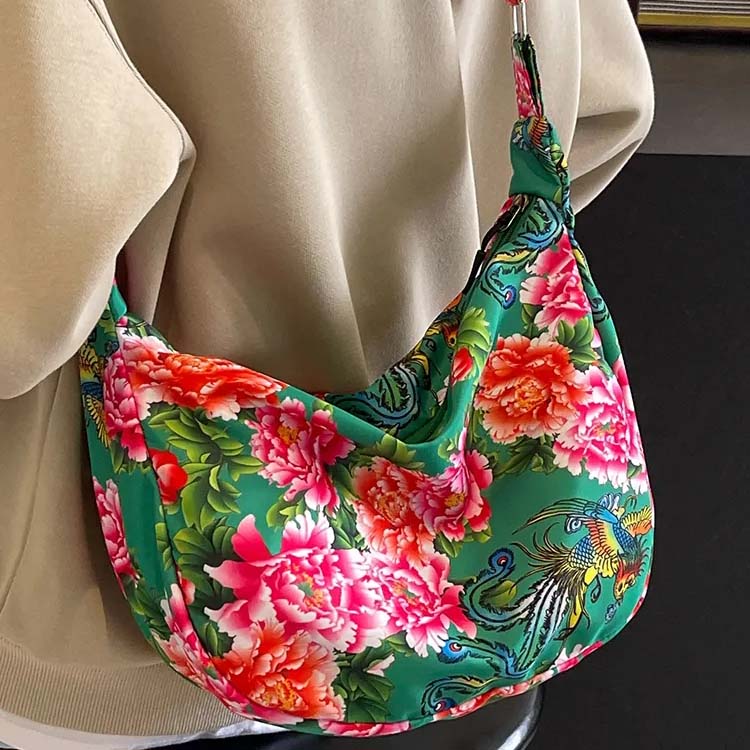 

WTEMPO в китайском стиле с цветочным принтом, большие вместительные сумки на одно плечо, женские повседневные сумки-мессенджеры на молнии, сумки One Size зелёный
