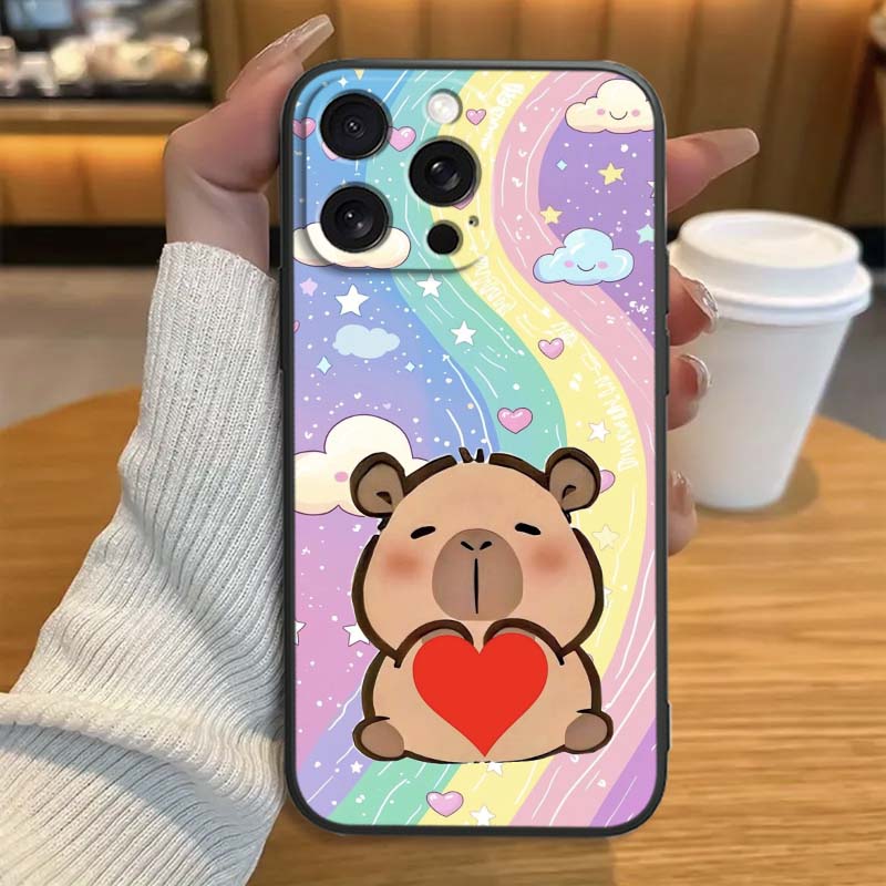 Cartoon Anime Capibala Art Phone Case For Apple iPhone 17 16 16E 15 14 13 12 11 Pro Max Plus Black Soft Silicone
