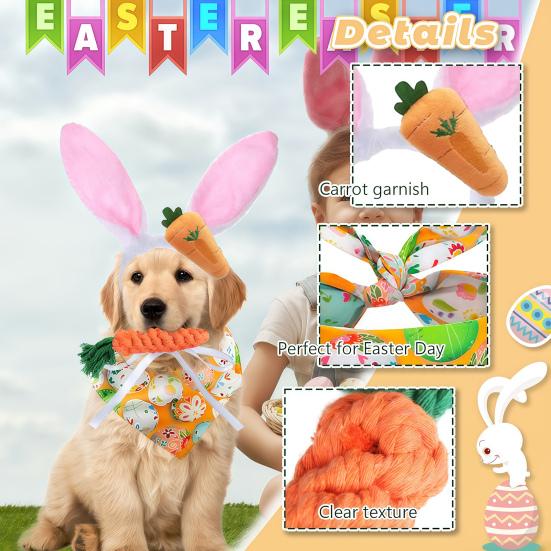 Set Costum Paște pentru Câini 4 Bucăți Bandană Drăguță cu Urechi de Iepure Jucării de Mestecat Morcov Îmbrăcăminte de Paște pentru Animale de Companie Câini Mici Medii Mari Pisici Cosplay de Sărbătoare