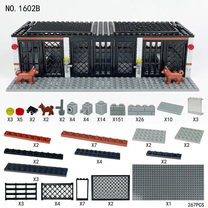 267ks Military Moc Series Simulovaná klec Vězení Mini policejní pes Stavebnice Kostky Cihly Hračky Dárky