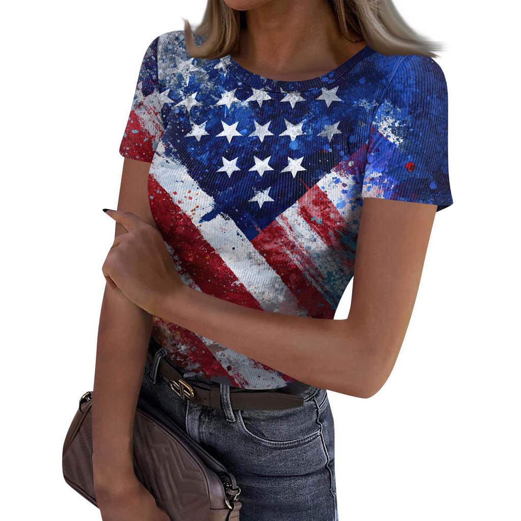 Damen Lässiges Mode-Oberteil mit Rundhalsausschnitt, Unabhängigkeitstag-Print, Kurzarm, Gerippt