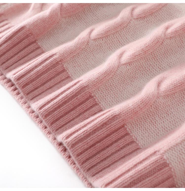 Heavyweight Contrast Color Cable Knit Cashmere Sweater - Autumn/Winter, Long Sleeve, Textured, Thick, Fashionable, Loose Fit Knitwear.