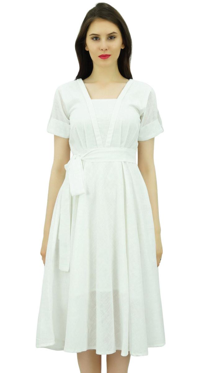 

Bimba Жіноча лляна сукня-сорочка з коротким рукавом та поясом, повсякденні сукні 8 білий