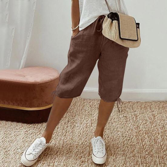 Women Shorts Elastic Mid-Waist Adjustable Drawstring Yoga Running Shorts with Pockets Solid Color Loose