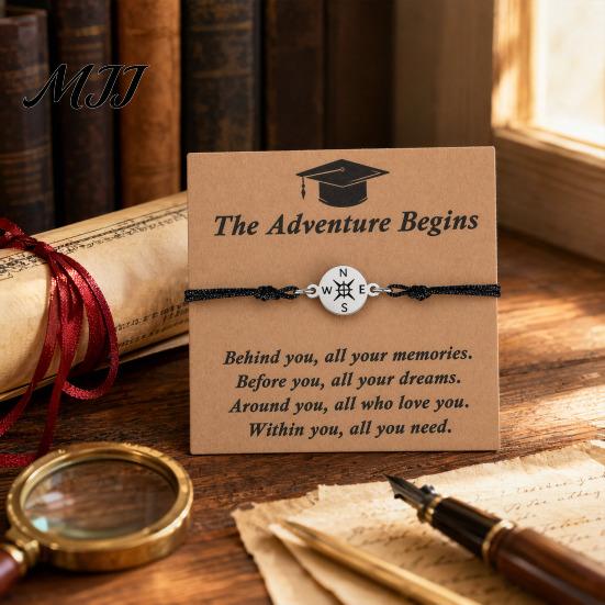 Graduation Bracelet Distance Matching Bracelet, Adjustable Black Rope Braided Compass Pendant for Best Friends Couple Family Women Men Class
