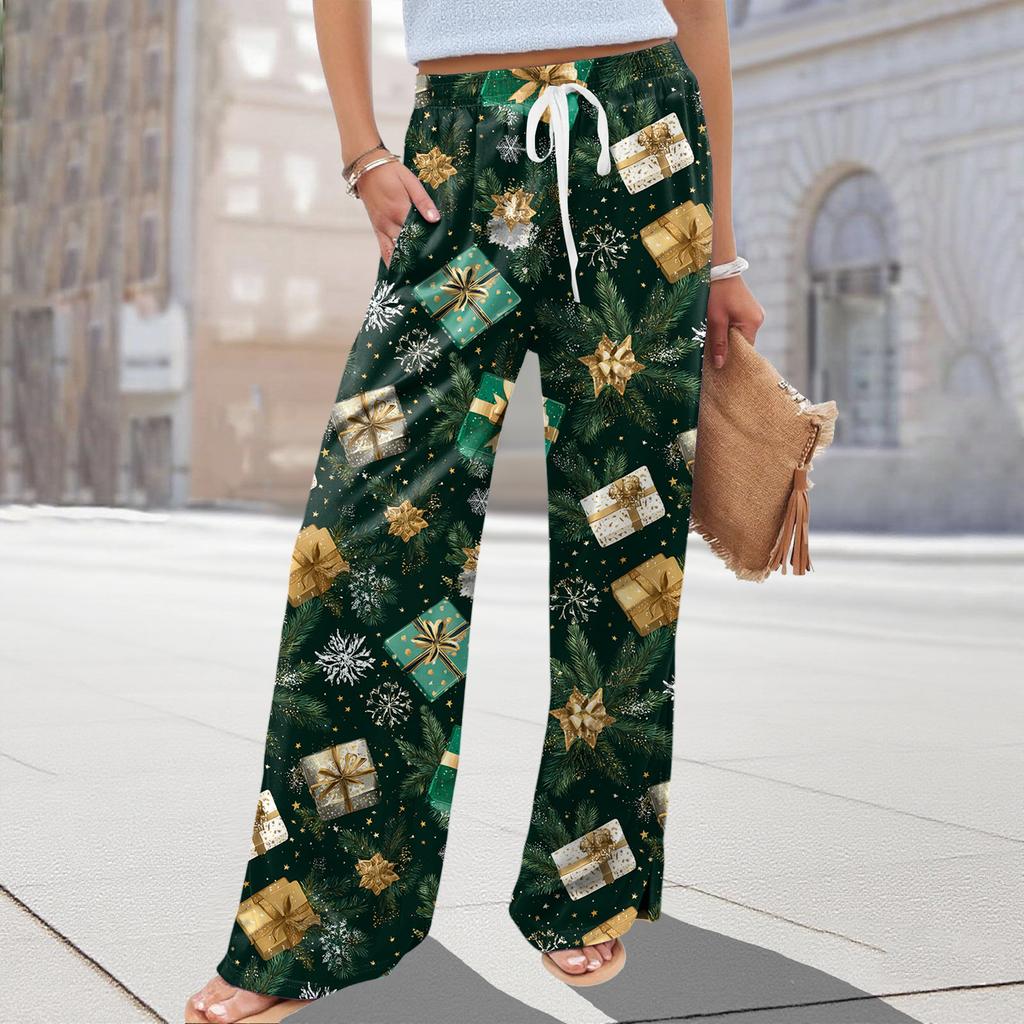 Ladies' Loose And Casual Christmas Printed Wide Leg Pants With Elastic Waistband Drawstring And Pocket Pants