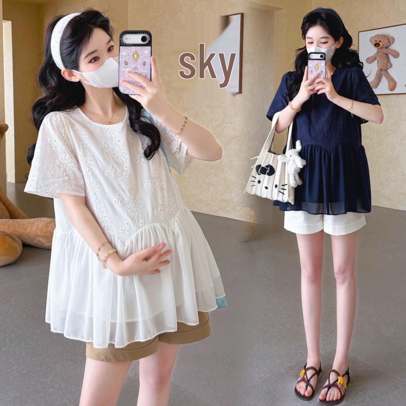 Maternity Summer 2026 Korean Style Embroidered Chiffon Doll Shirt and Belly Support Shorts Set