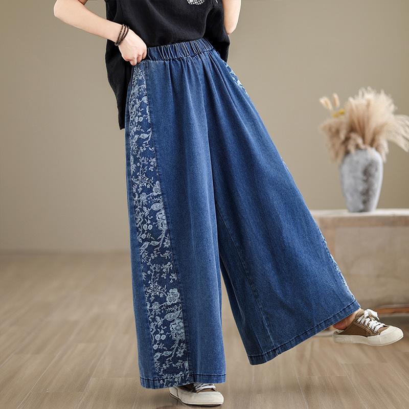 

2025 Летние Тонкие Джинсовые Брюки с Джинсовыми Вставками Женские Повседневные Винтажные Свободные Женские Брюки с Широкими Штанинами Модные Прямые Брюки 2XL синий