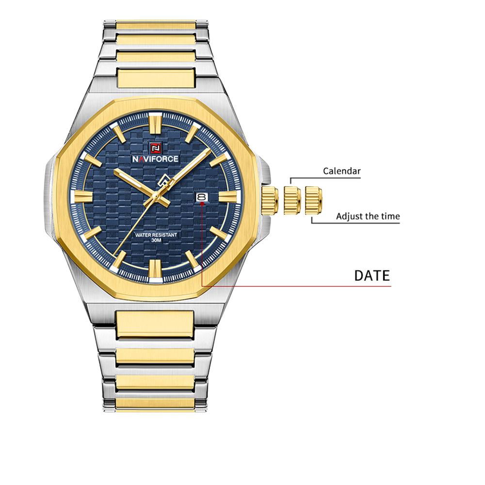 NAVIFORCE Simple Watch for Men Stainless Steel Strap Calendar Movement Luminous Pointer Waterproof 3ATM Casual Fashion Men's Watch NF9245