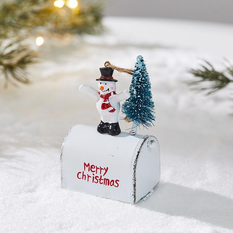 Vintage Iron Metal Christmas Tree Hanging Ornament with Santa Claus Snowman and Reindeer Mailbox Design Festive Holiday Decor