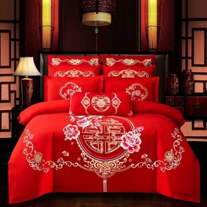 New Chinese style big red embroidery wedding quilt cover polished wedding room bedding wedding four-piece multi-piece set