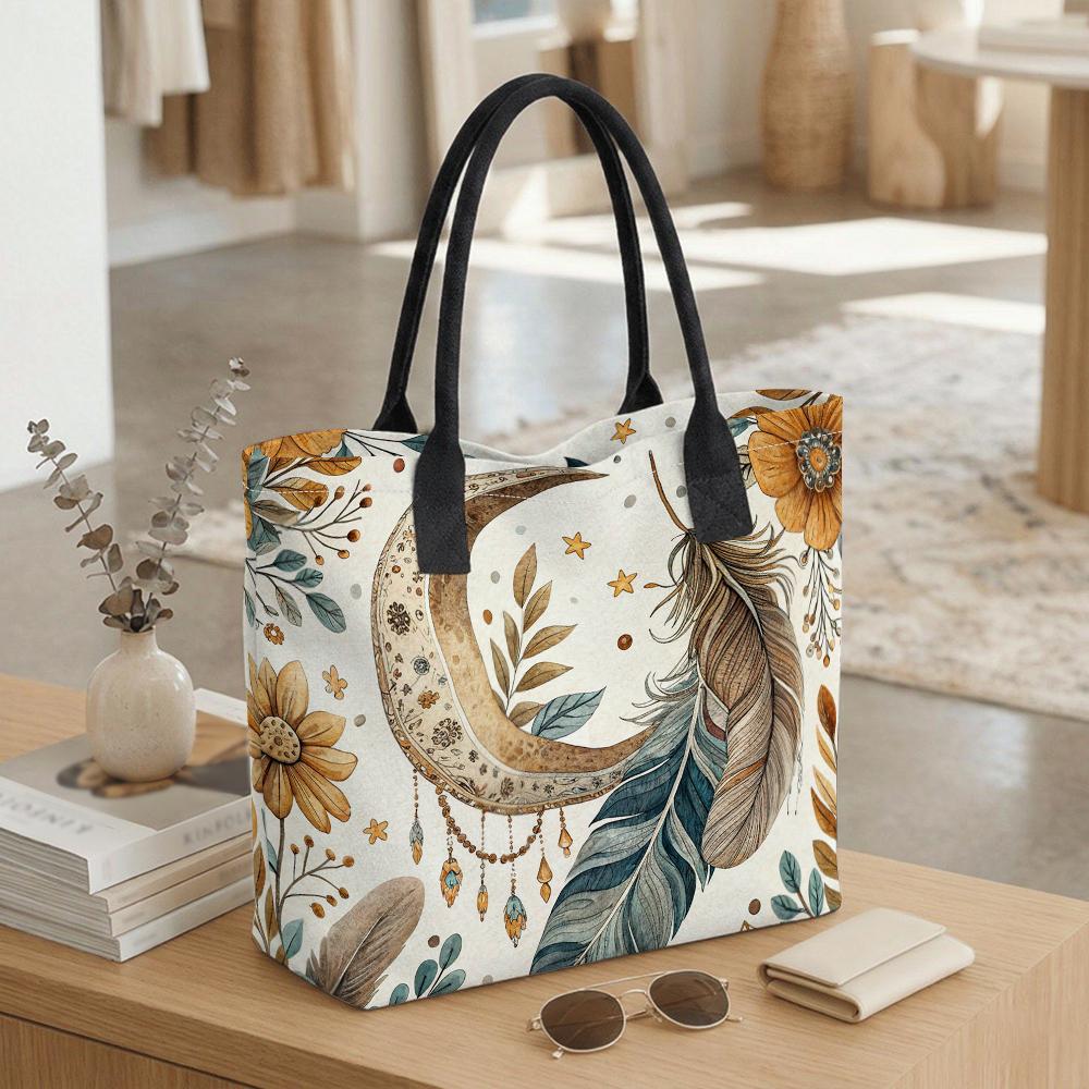  Boho Moon Print Tote Bag Casual Large Capacity Shoulder Handbag for Daily Use 