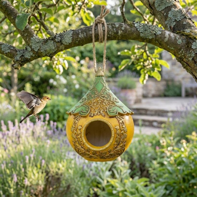 Gourd-Form Bird Shelter for Small Birds, Hanging Decorative Outdoor Bird Houses with Relief Plant Motifs and Rope-Suspended Placement