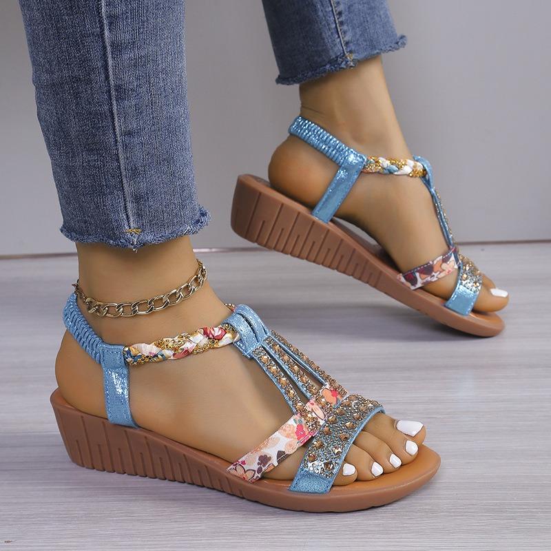 Women's Plus Size Peep Toe Rhinestone Flats, Casual Summer Sandals