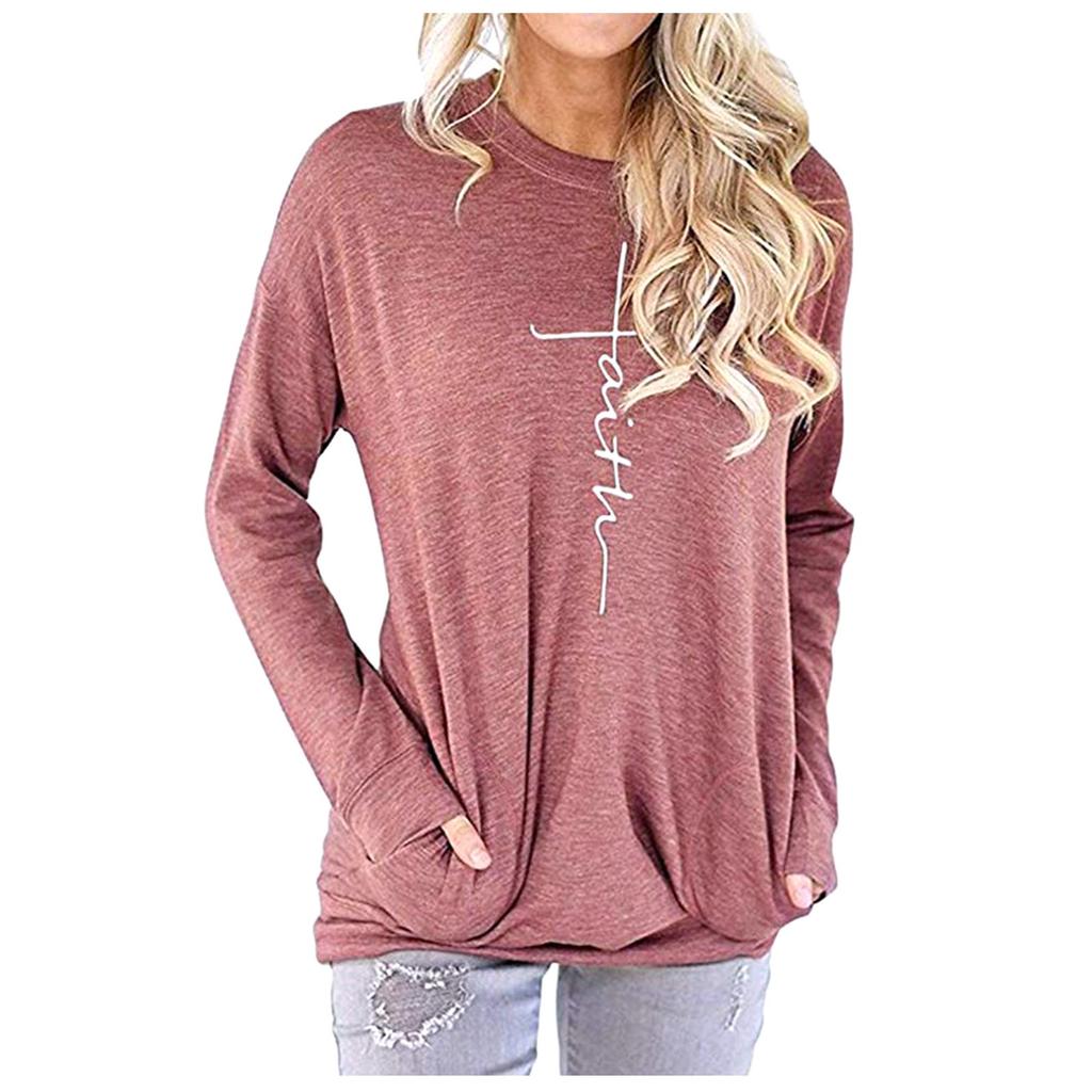 Women's Fashion Casual Round Neck Printed Loose Undershirt Long Sleeve Blouse