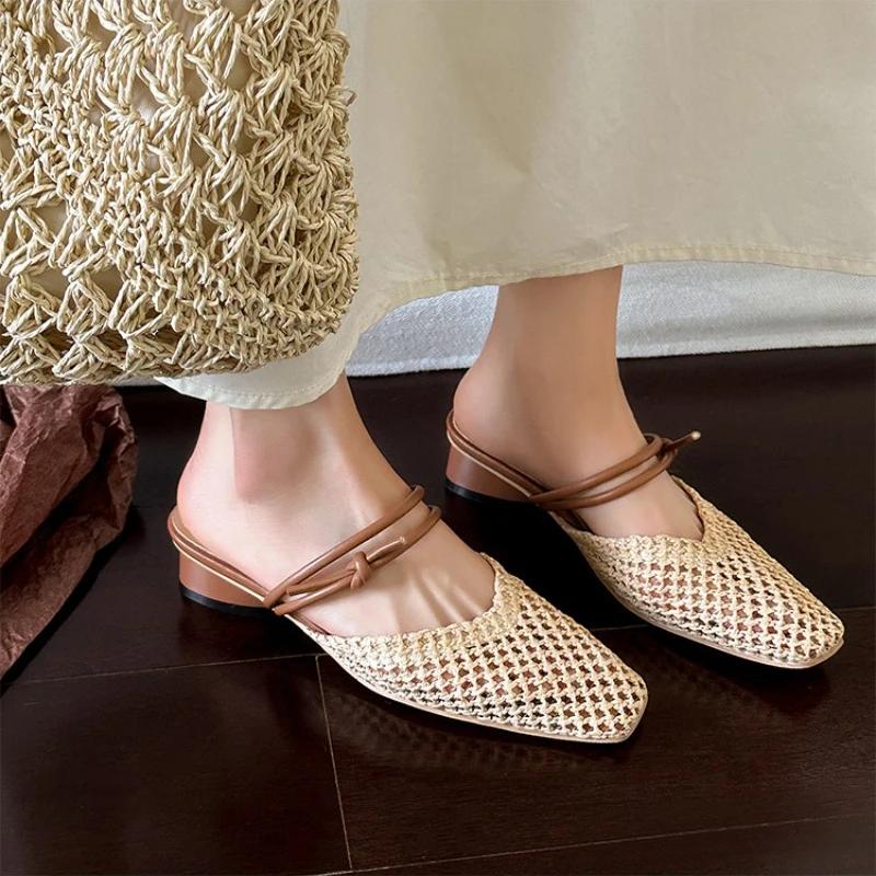 Women's Fashion Slippers Mesh Upper Square Toe Cover Toe Shoes Women Dress Daily Commute Breathable French Zapatillas De Mujer