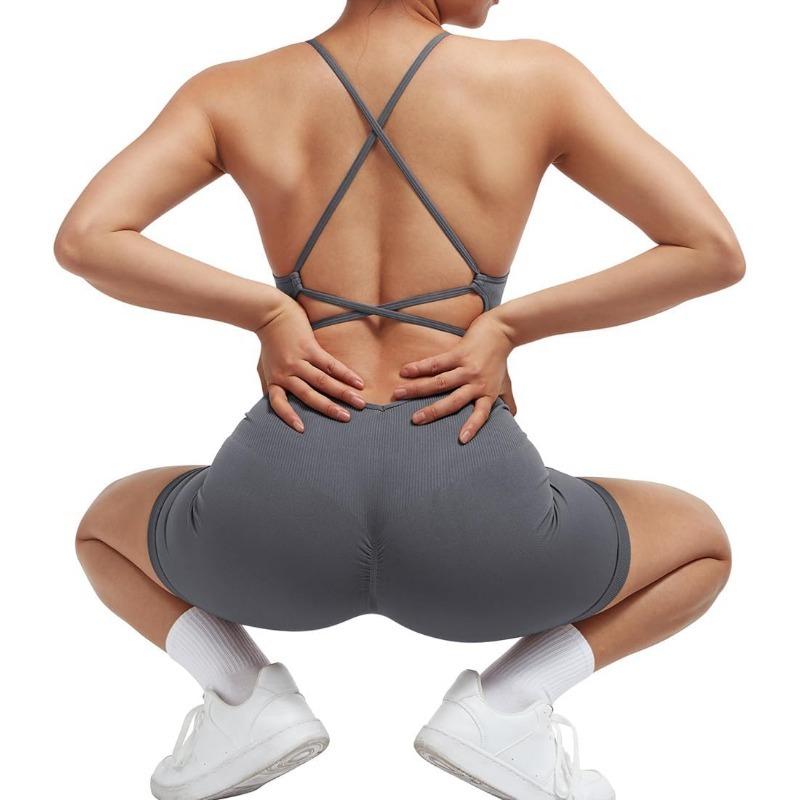 Women Strappy Romper Seamless Jumpsuit Tummy Control Padded Sports Bra