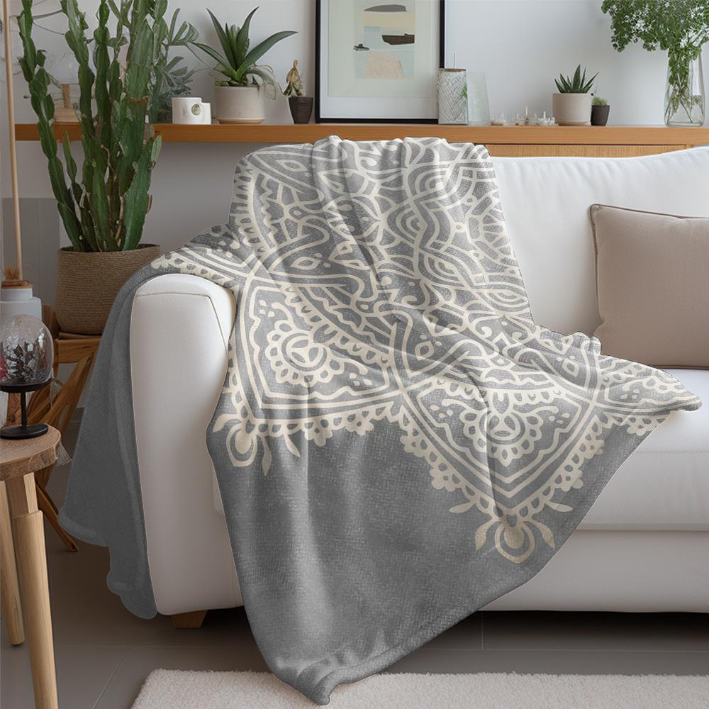 Boho Mandala Throw Blanket Textured Grey Geometric Print Soft Fleece Blanket for Couch Sofa Bed Decor