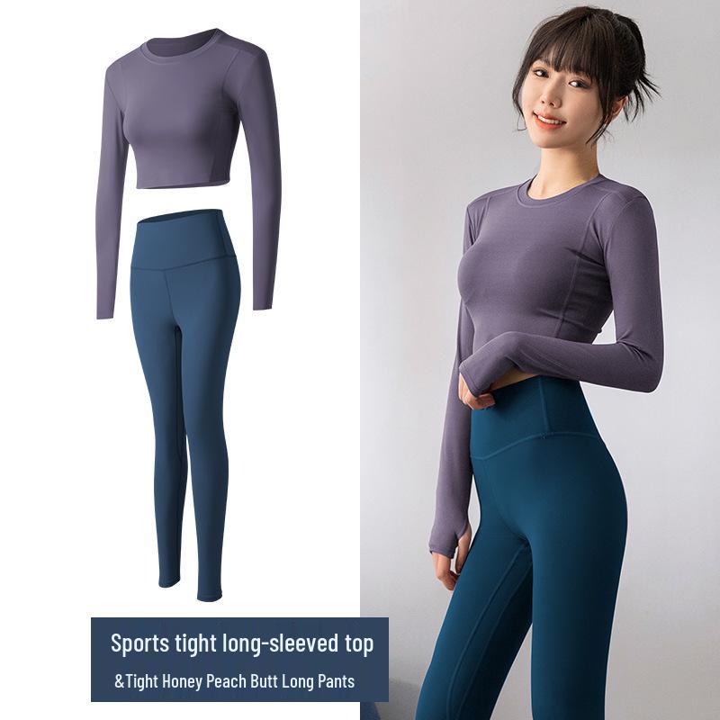Seamless Yoga Set: Women's Long Sleeve Top & High Waist Peach Lift Pants for Gym & Running