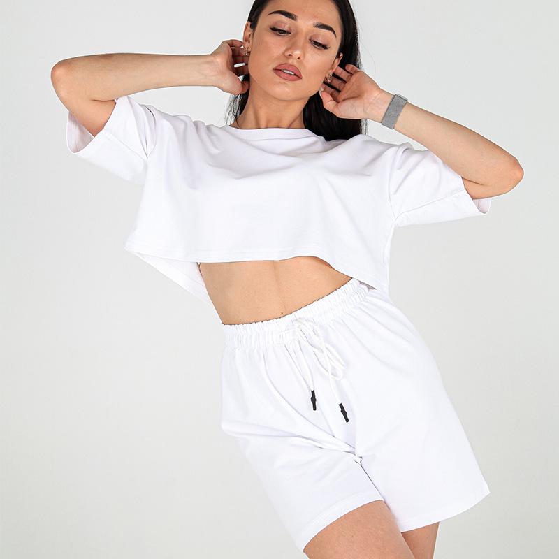 2025 Women's Spring/Summer Solid Color Casual Crop Top & Drawstring Shorts Set